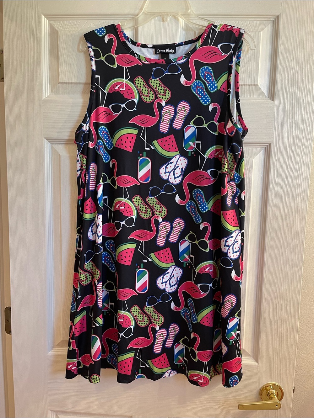 Black Sleeveless Midi Dress with Pink Flamingo & Summer Print